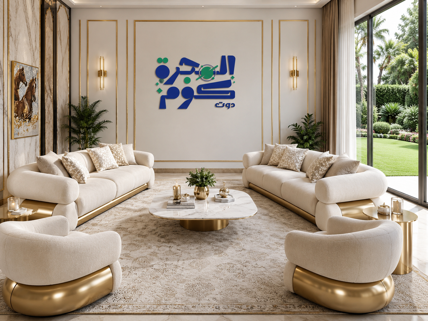 طقم كنب استقبال فاخر أوف وايت بقاعدة ذهبية 2 كنبة و2 كرسي
