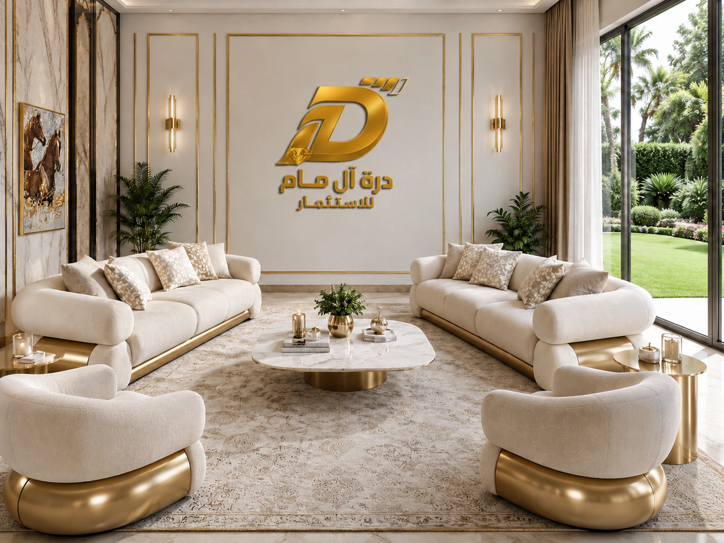 طقم كنب استقبال فاخر أوف وايت بقاعدة ذهبية 2 كنبة و2 كرسي