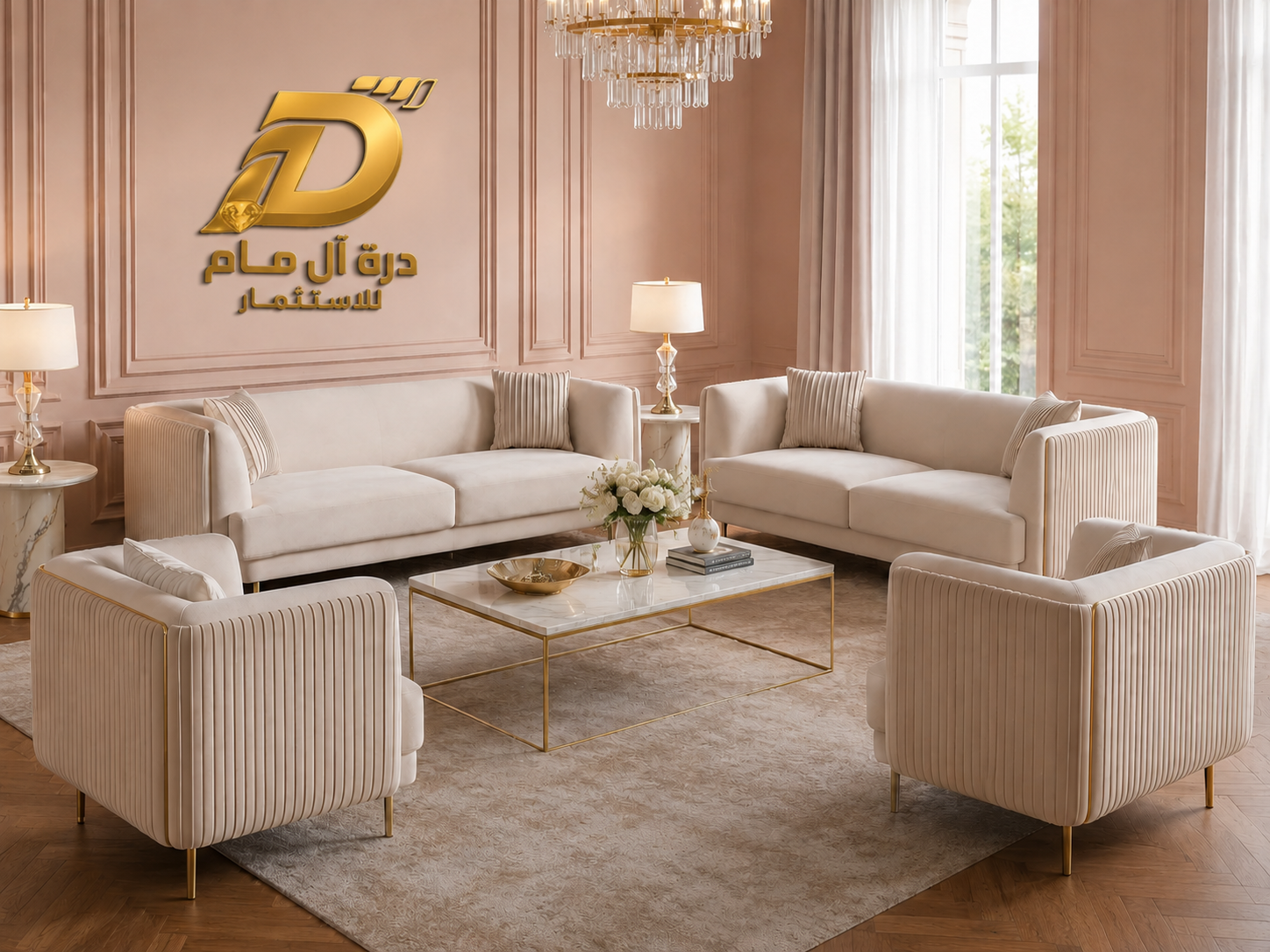 طقم كنب استقبال كلاسيك مودرن أوف وايت مخطط 2 كنبة و2 كرسي