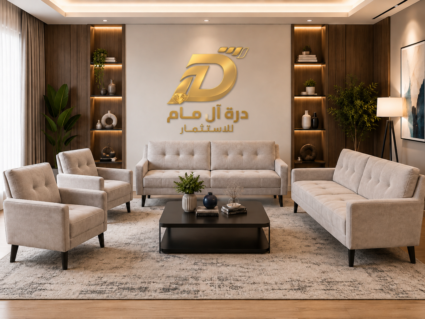 طقم كنب استقبال مودرن كريمي كابتونيه 2 كنبة و2 كرسي