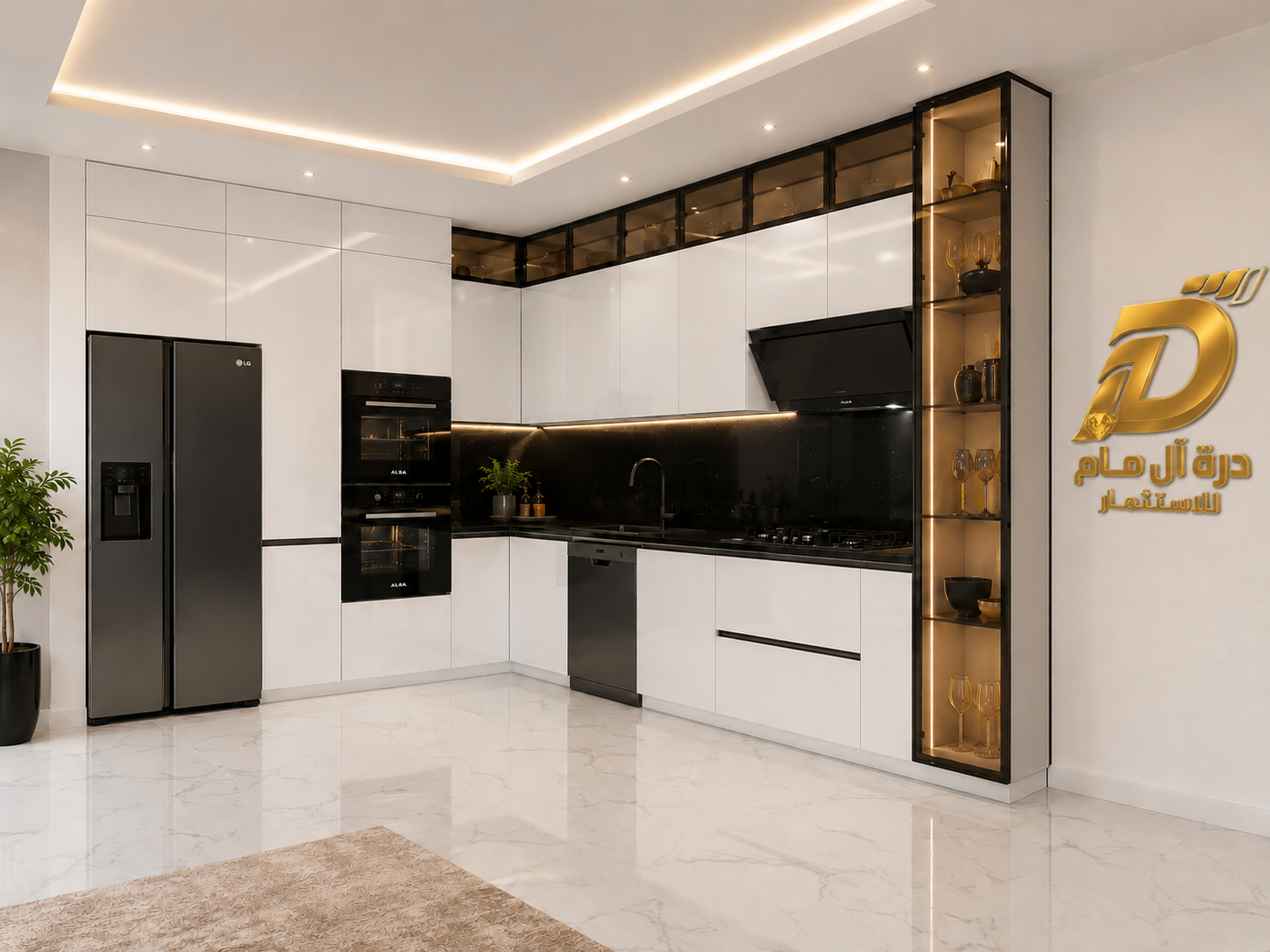 مطبخ لافيدا أبيض وأسود زجاجي 7 ×ارتفاع 2.70 متر